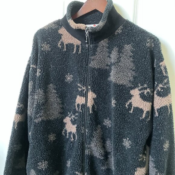Vintage MIC Fleece Cardigan Womens Black Faux Fur Zip Holiday Reindeer Xmas - Picture 2 of 9